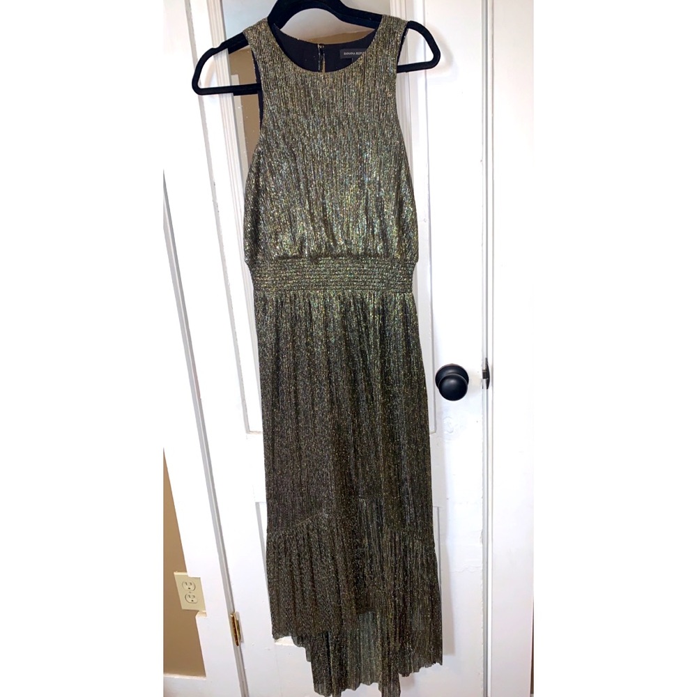 Banana republic long black dress with sparkly silver and gold stripes.